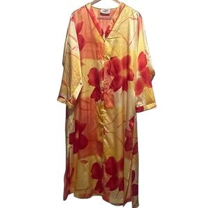 Scaasi Floral Satin Caftan House Dress Vintage Zip Front Lounger Coastal Grandma